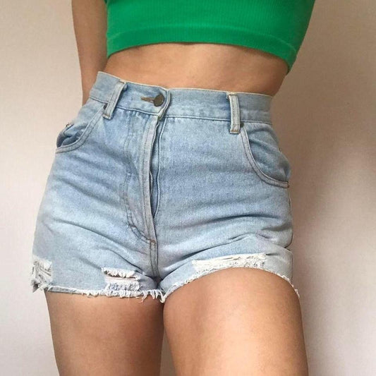 100% cotton light blue distressed denim shorts w27”