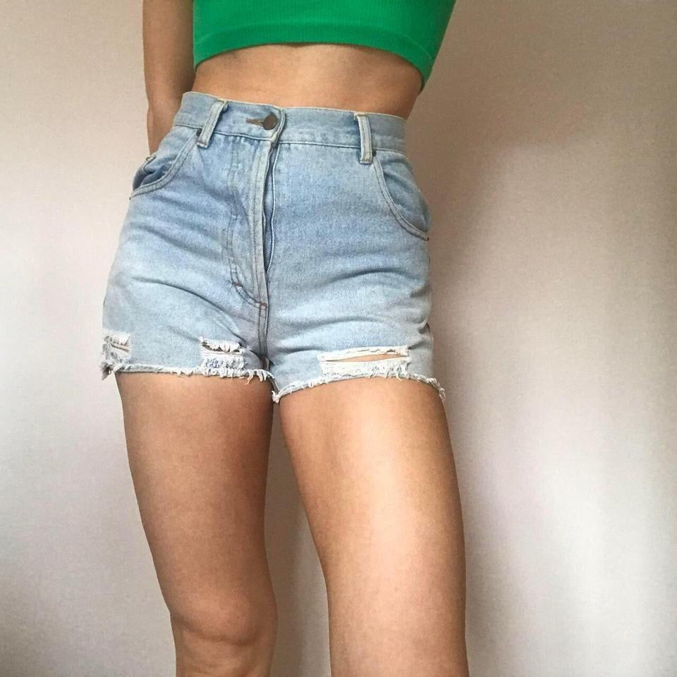 100% cotton light blue distressed denim shorts w27”