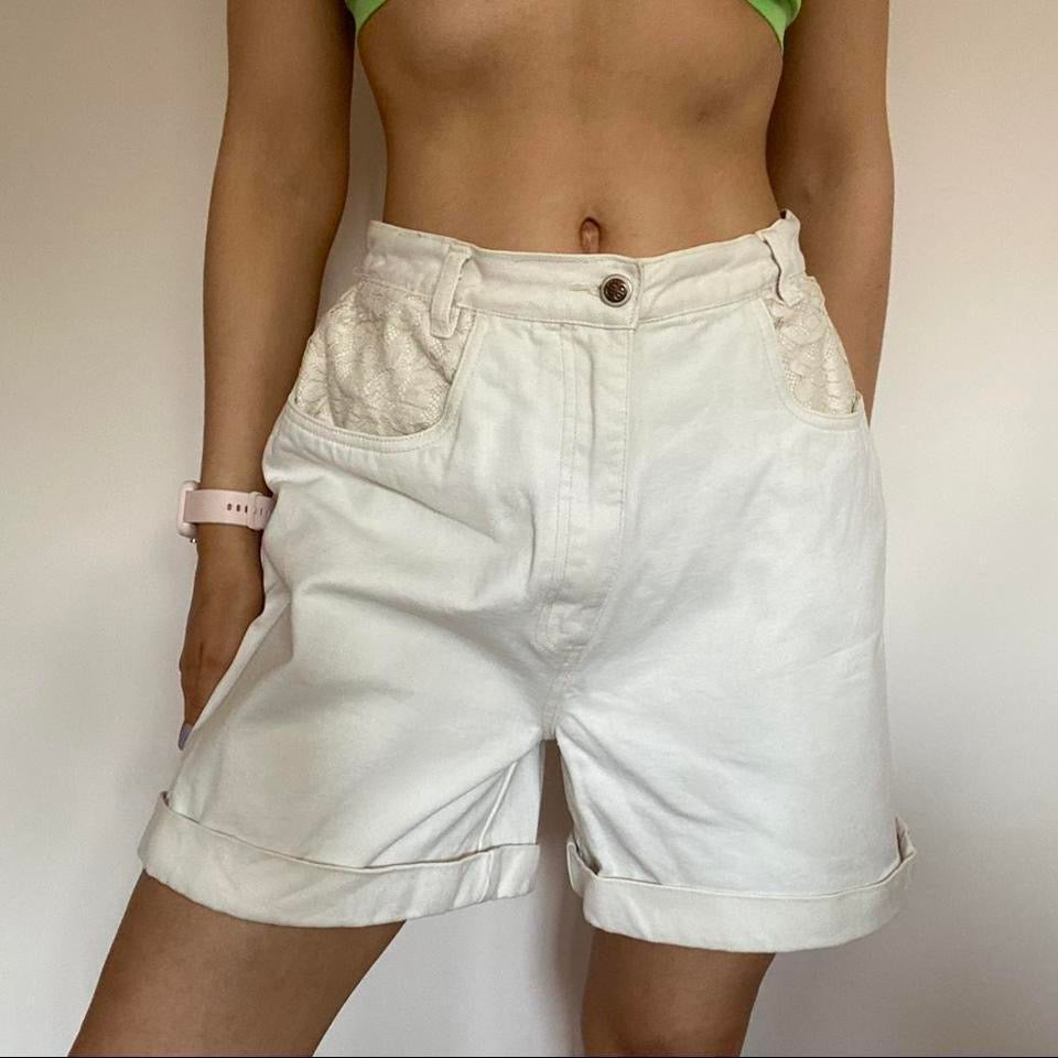 100% cotton cream lace denim high waisted shorts w30”