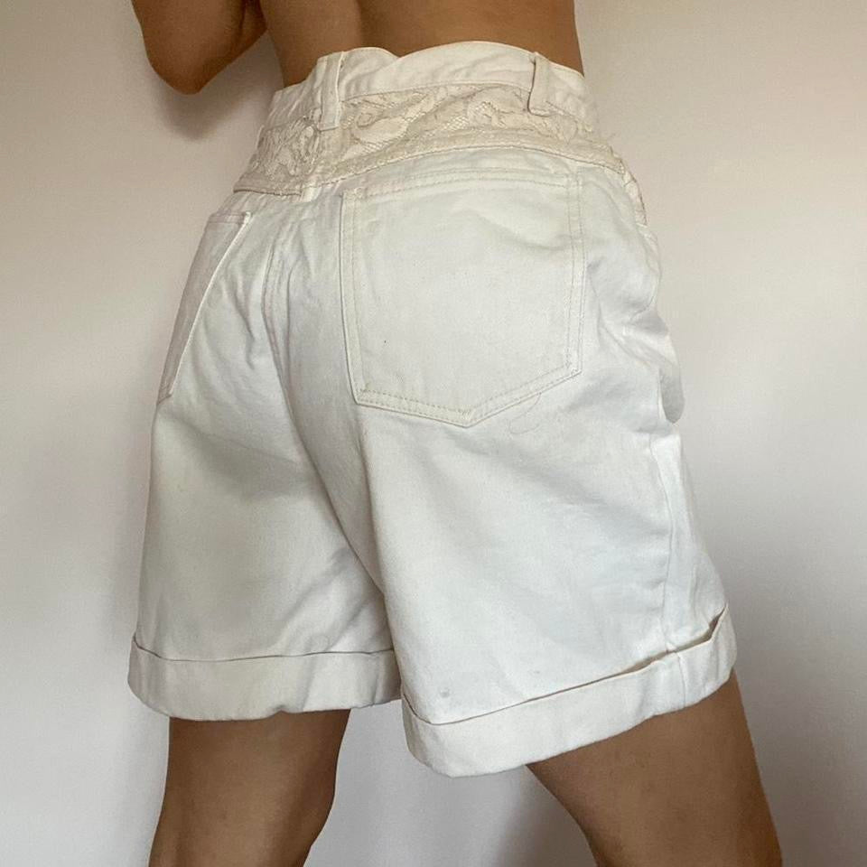 100% cotton cream lace denim high waisted shorts w30”