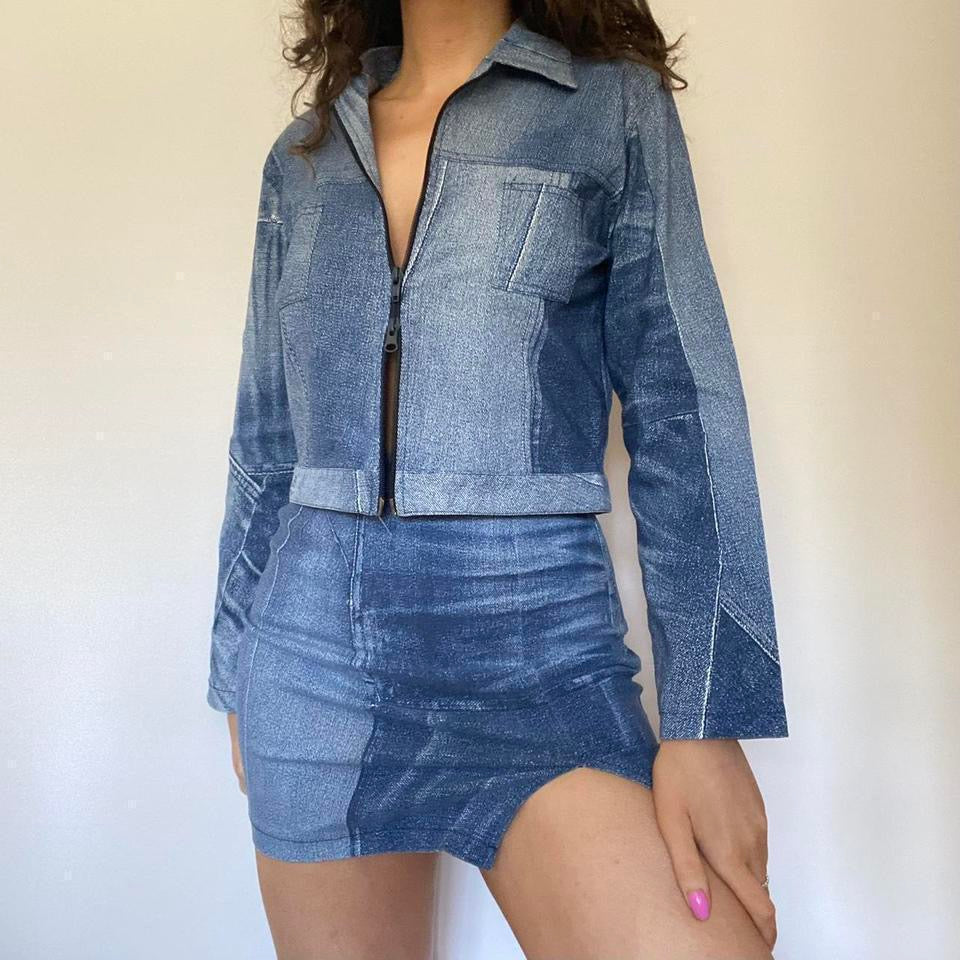 00s blue patchwork denim mini skirt & jacket co-ord small