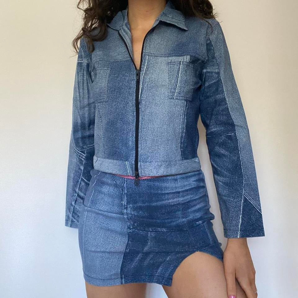 00s blue patchwork denim mini skirt & jacket co-ord small