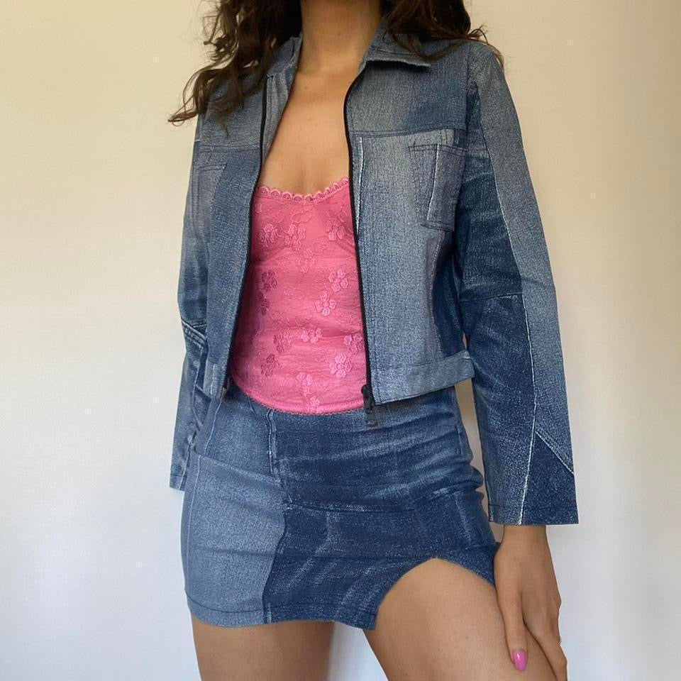 00s blue patchwork denim mini skirt & jacket co-ord small