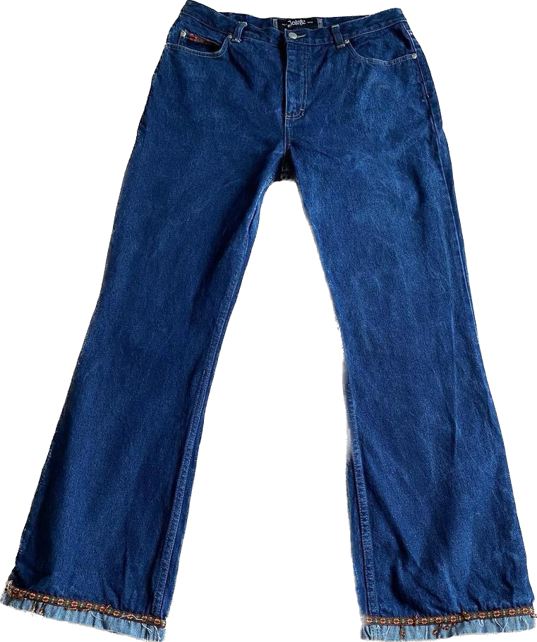 70s blue denim flared jeans with beaded floral detailing w35”