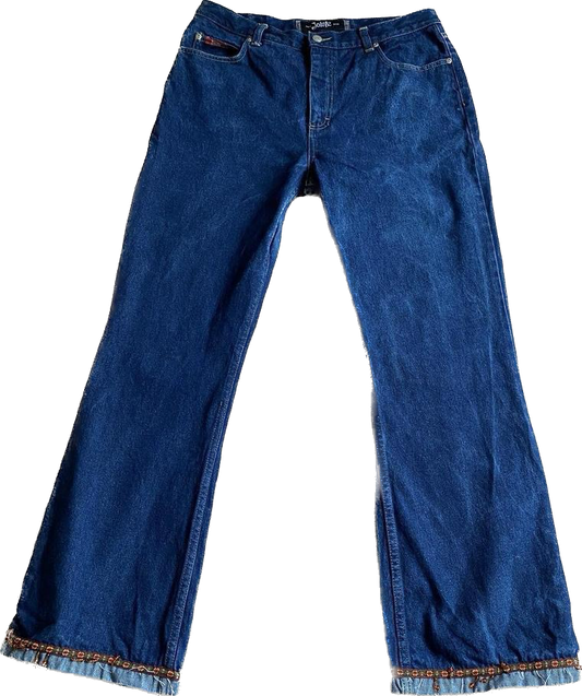 70s blue denim flared jeans with beaded floral detailing w35”