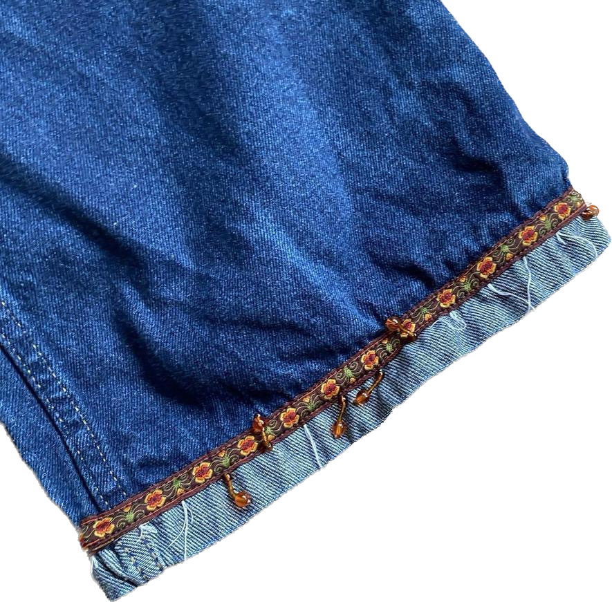 70s blue denim flared jeans with beaded floral detailing w35”