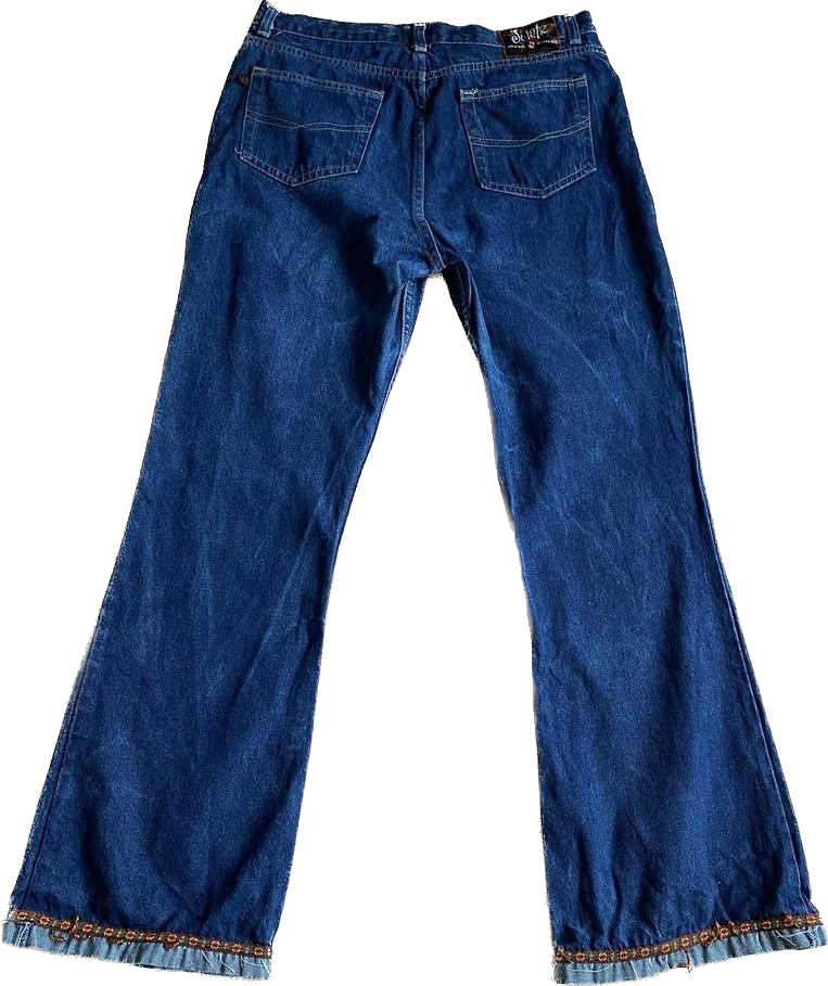 70s blue denim flared jeans with beaded floral detailing w35”