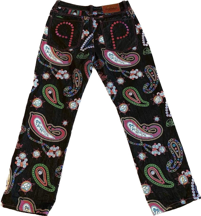 Black & multicoloured patterned high waisted straight leg jeans w35”