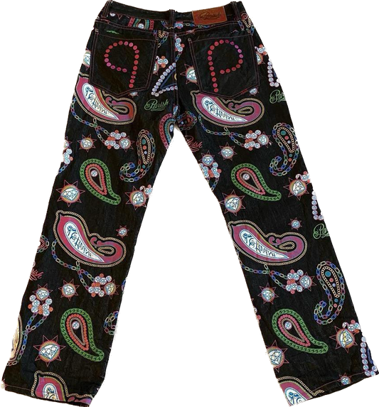 Black & multicoloured patterned high waisted straight leg jeans w35”