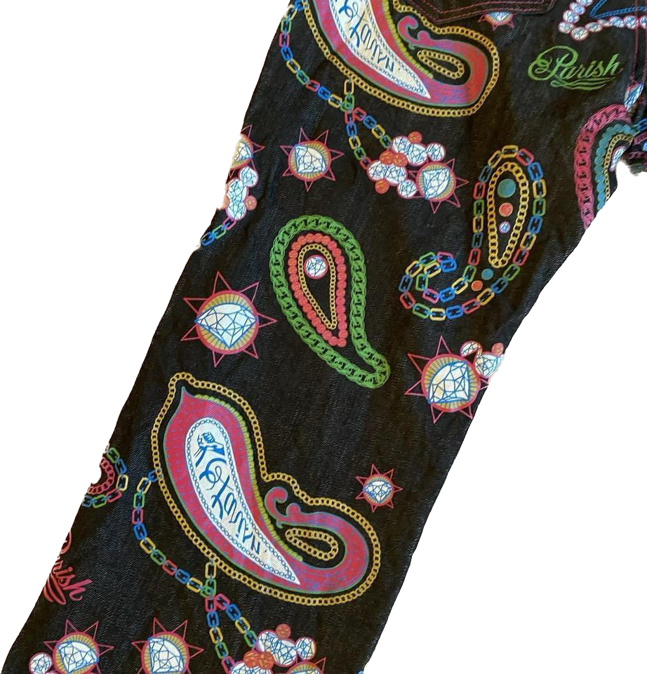 Black & multicoloured patterned high waisted straight leg jeans w35”