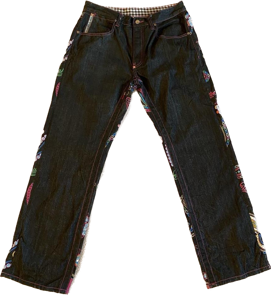 Black & multicoloured patterned high waisted straight leg jeans w35”